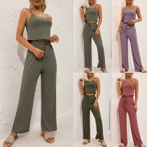 Casual Solid Color Two-piece Set consist of Crop Top+Wide-leg Pants