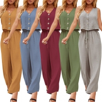 Casual Solid Color Two-piece Set consist of Buttoned Crop Top and Pants