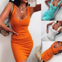 Fashion Solid Color Ruffle Knitted Bodycon Dress
