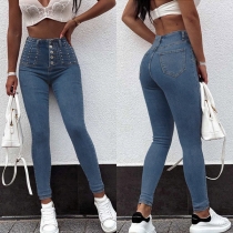 Fashion Buttoned Beaded High Waist Slim Fit Jeans