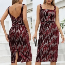 Fashion Sequined Backless Slit Sleeveless Bodycon Dress with O-ring Belt