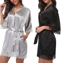 Sexy Semi-through Lace Spliced Gauze Nightwear Robe