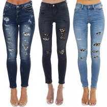 Fashion Ripped Leopard Printed High Waist Slim Fit Jeans