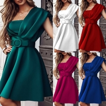 Fashion Solid Color One Shoulder Bandeau Dress with Belt