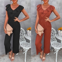 Fashion Solid Color V-neck Ruffle Backless Jumpsuit