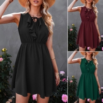 Fashion Solid Color Sleeveless Ruffle  Self-tie V-neck Fit & Flare Dress