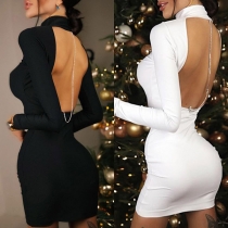 Sexy Solid Color Long Sleeve Backless Chain Mock Neck Bodycon Dress
