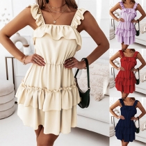 Casual Solid Color Ruffled Strap Tiered Dress