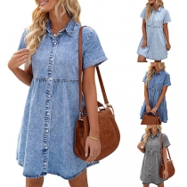 Casual Buttoned Short Sleeve Polo Neck Maternity Denim Dress