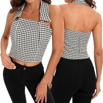 Sexy Houndstooth Printed Backless Polo Neck Hater Crop Top
