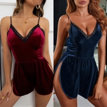 Sexy Solid Color Lace Spliced Backless  V-neck Slit Loungewear Romper