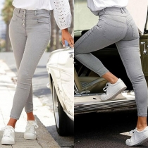 Fashion Solid Color High Waist Buttoned Slim Fit Jeans