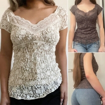 Sexy Solid Color Lace Spliced V-neck Backless Ribbed Shirt