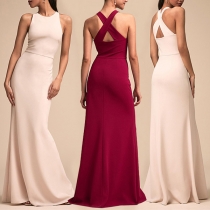 Sexy Solid Color Round Neck Sleeveless Cross-criss  Maxi Party Dress