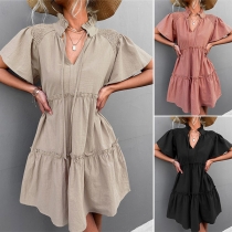 Casual Solid Color Slit V-neck Drawstring Stand Collar Tiered Loose Dress