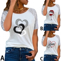 Casual Heart Printed Lace Spliced Shirt