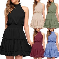 Casual Solid Color Sleeveless Mocked  Neck Tiered Dress