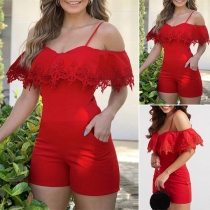Sexy Solid Color Lace Spliced Off-the-shoudler Cami Romper