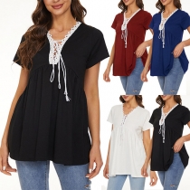 Casual Lace-up Lace Spliced Shirt