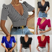 Sexy V-neck Short Sleeve Houndstooth Printed Shirt