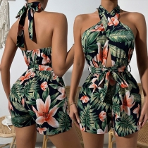 Bohemian Style Floral Printed Halter Criss-cross Backless Romper