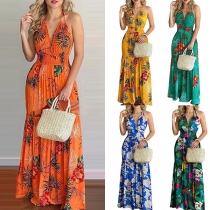Fashion Floral Printed Halterneck Backless Maxi Dress