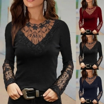 Sexy Solid Color Lace Spliced Long Sleeve Shirt