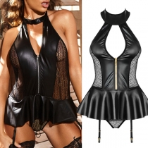 Sexy Lace Spliced Artificial Leather Zipper Halter Bodysuit