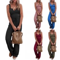Casual Solid Color Two-piece Set Consist of V-neck Top and Wide Leg Pants