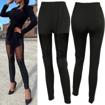Sexy Semi-through Lace Spliced Lace-up Slim Fit Pants