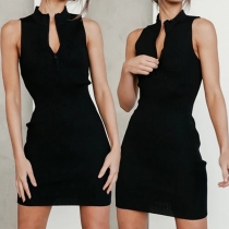 Fashion Solid Color Sleeveless Zipper Mock Neck Ribbed Bodycon Dress