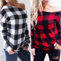 Sexy Off-shoulder Boat Neck Long Sleeve Plaid T-shirt