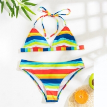 Sexy Rainbow Stripes Gather Bikini