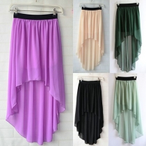 Sweet Candy Color High-low  Dip Hem Pleated Elasticated Waistband Skirt