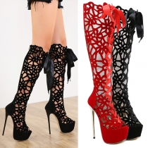 Retro Stylish Chic Floral Cutout Peep Toe Stiletto Shoes Tall Boots