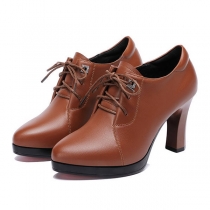 Retro Thick High-heeled Round Toe Lace Up Ankle Boots Booties