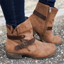 Vintage Round Toe Crossover Buckle Strap Flat Heel Ankle Boots Booties