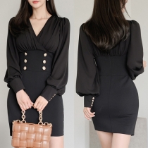 Fashion V Neck Long Sleeve Double-breasted Slim Fit Dress(It falls small)