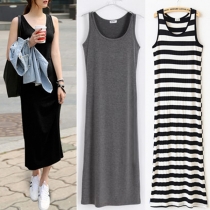 Fashion Sleeveless Round Neck Black & White Striped Dress