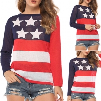 Fashion American Flag Long Sleeve Round Neck Striped Sweater