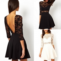 European Style Sexy Plung-V Back Cutout Lace Dress