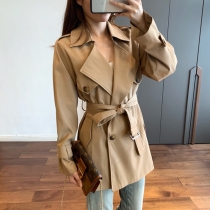 Stylish Solid Color Double Breasted Lapel Short Trench Jacket
