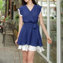 Office Ladies Contrast Color Short Sleeve Draped Belted Bodycon Dress