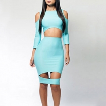 Individualized Blue Sexy Cut Out Off Shoulder Bodycon Dress 