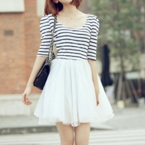 Half Sleeve Nautical Stripe Top White Pleated Dress 