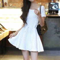 White Short Sleeve Crew Neck Ruched Bodycon Flare Dress 