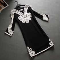 Black V Neck Embroidery Shift Dress 