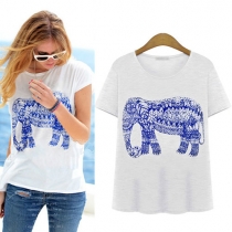 Elephant Pattern Short Sleeve Casual T Shirt Crewneck Top 
