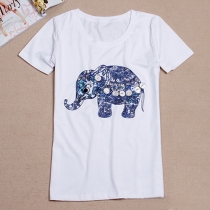 Metallic Elephant Print Short Sleeve T Shirt Women Top 