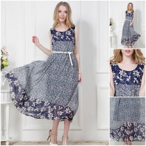 Navy Blue Garden Floral Print Sleeveless Maxi Dress 